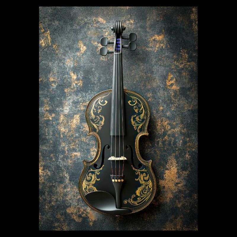 Ornate Elegance – Black & Gold Violin Art