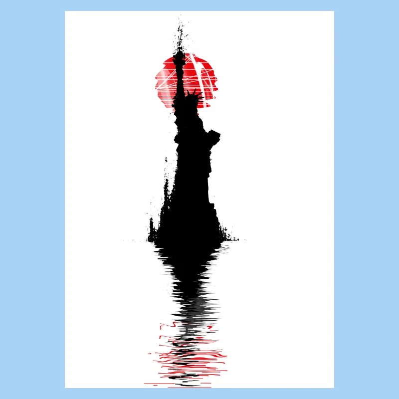 Liberty silhouette, red sun reflection