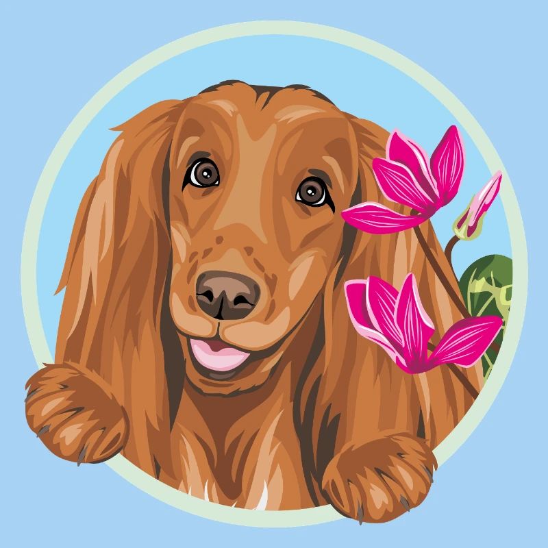 Fröhlicher Cocker Spaniel Hund mit rosa Blüten