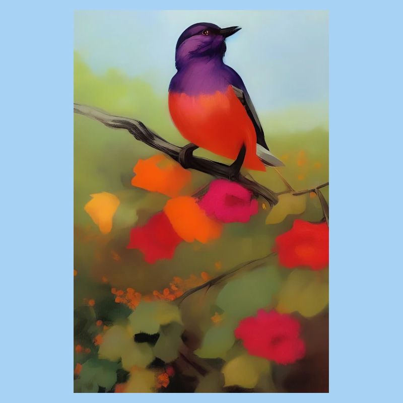 Oiseau sur branche avec des fleurs colorées
