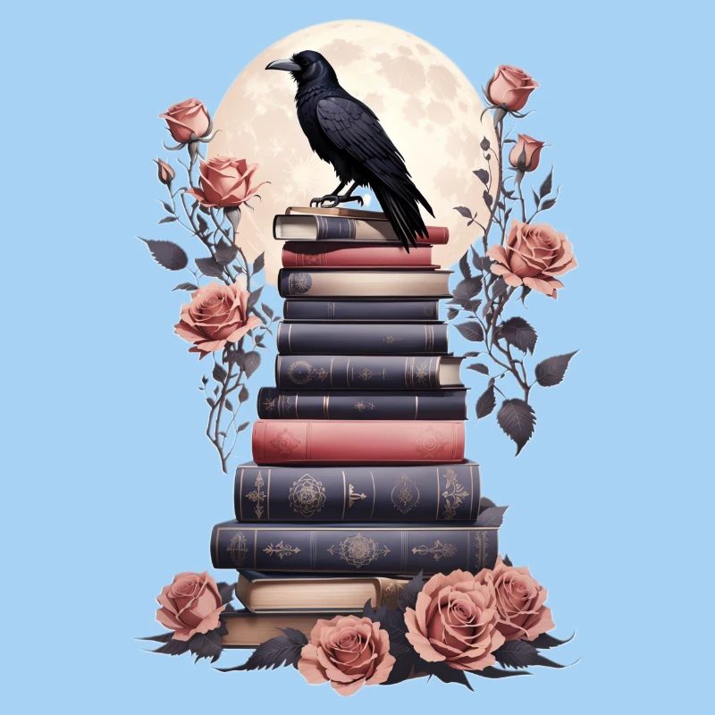 Stack of books with raven