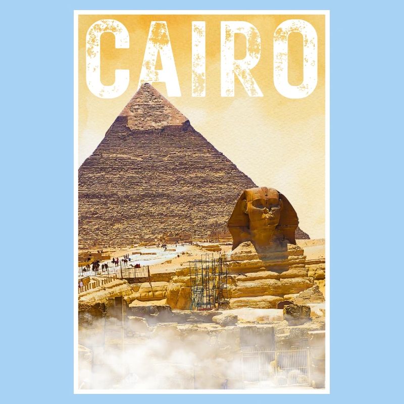 Affiche de voyage vintage du Caire avec pyramide et sphinx