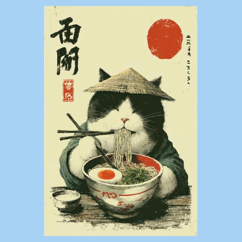 Chat samouraï dégustant des ramen