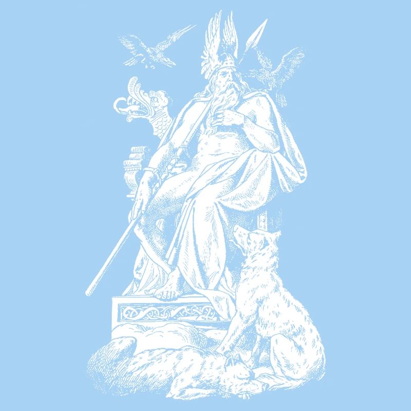Odin on throne with spears, ravens and wolves