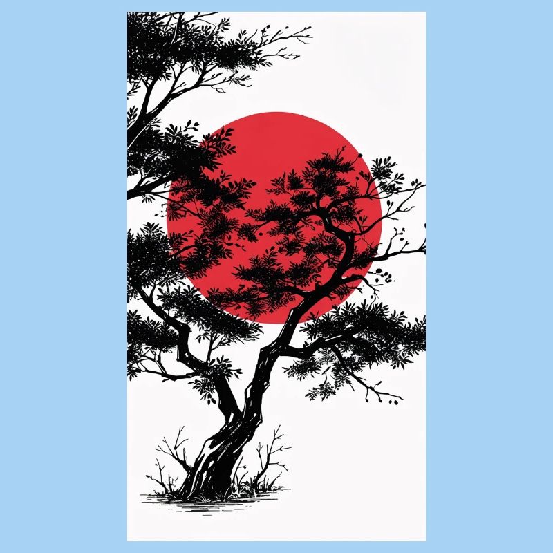 Manga-Style Dark Tree with Red Sun
