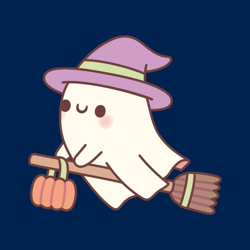 Cute Ghost Witch On Flying Broom