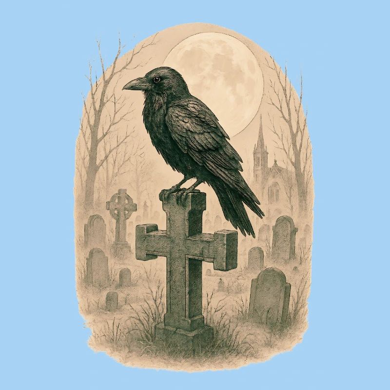 Moonlit Graveyard Raven Illustration