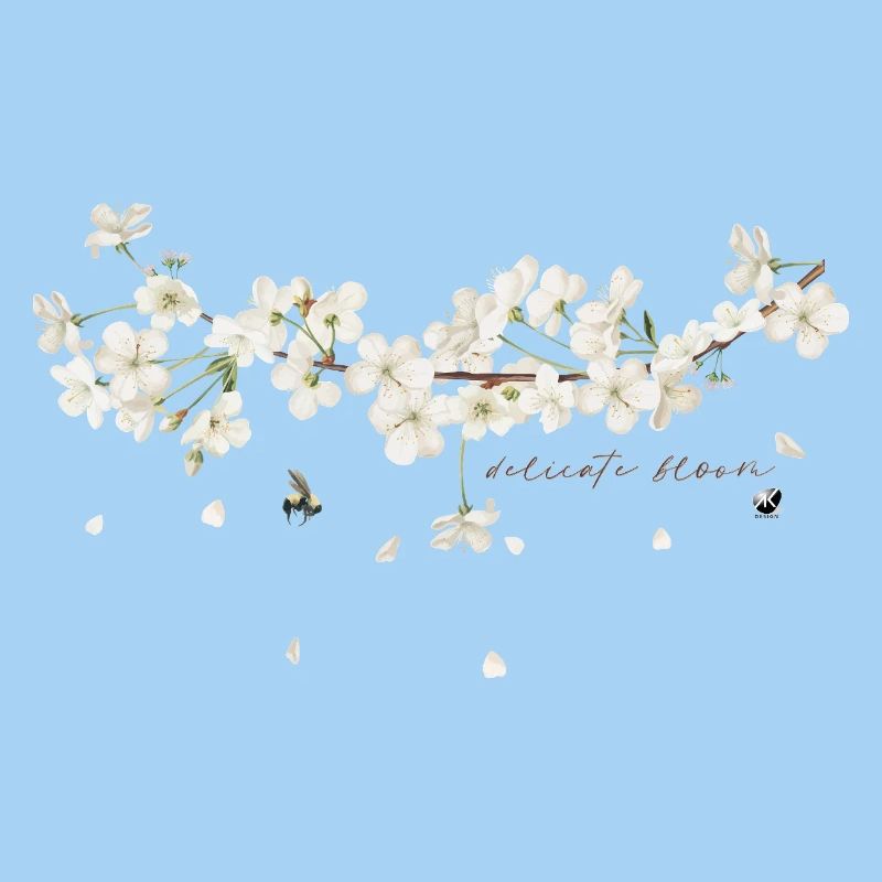 Cherry tree branch with white flowers illustration