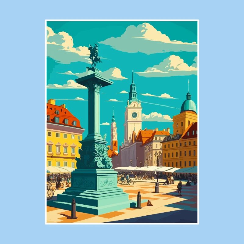 Affiche de voyage rétro dans le paysage urbain de Varsovie, Pologne