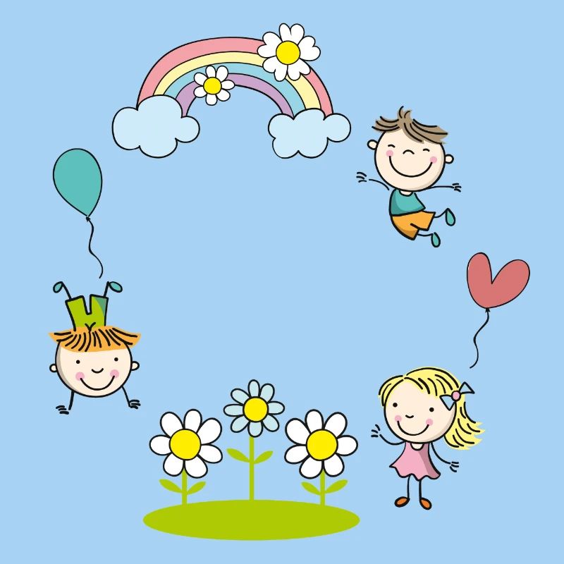 Fröhliche Kinder mit Regenbogen Blumen Luftballon 