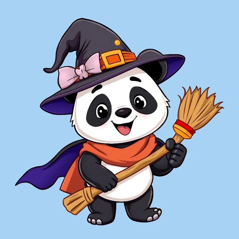 Cute witchy Halloween Panda with Broom