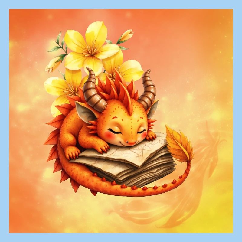 Verschlafener Drache auf geblümtem Buch