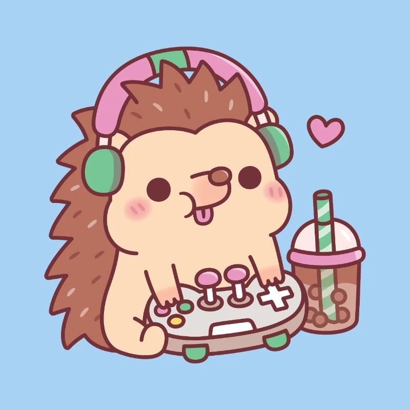 Cute Hedgehog With Game Controller And Boba Tea