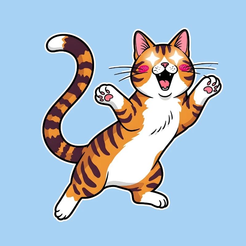 Cheerful tabby cat jumping joy
