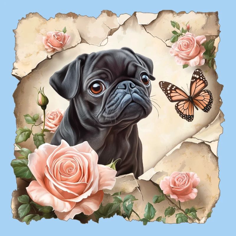 Schwarzer Mops mit Schmetterling