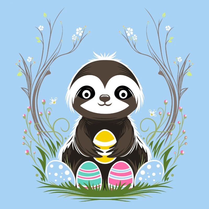 Easter Sloth with Easter Eggs in Spring