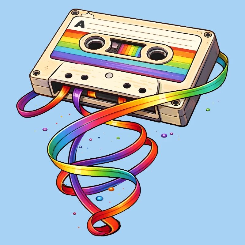 Cassette rétro avec ruban arc-en-ciel
