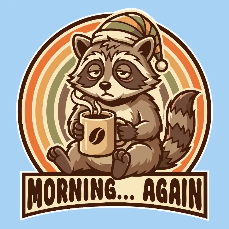 Morgenmuffel Waschbär mit Kaffee