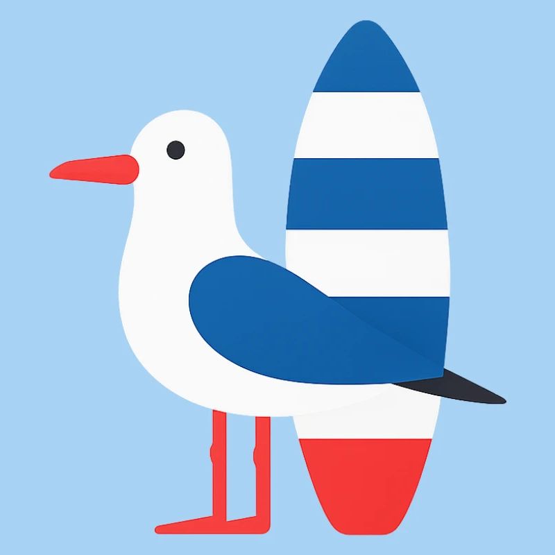 Seagull with surfboard