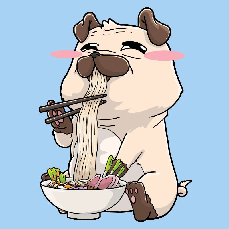 Pug eats ramen
