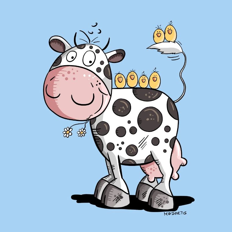 Vache heureuse avec des amis oiseaux