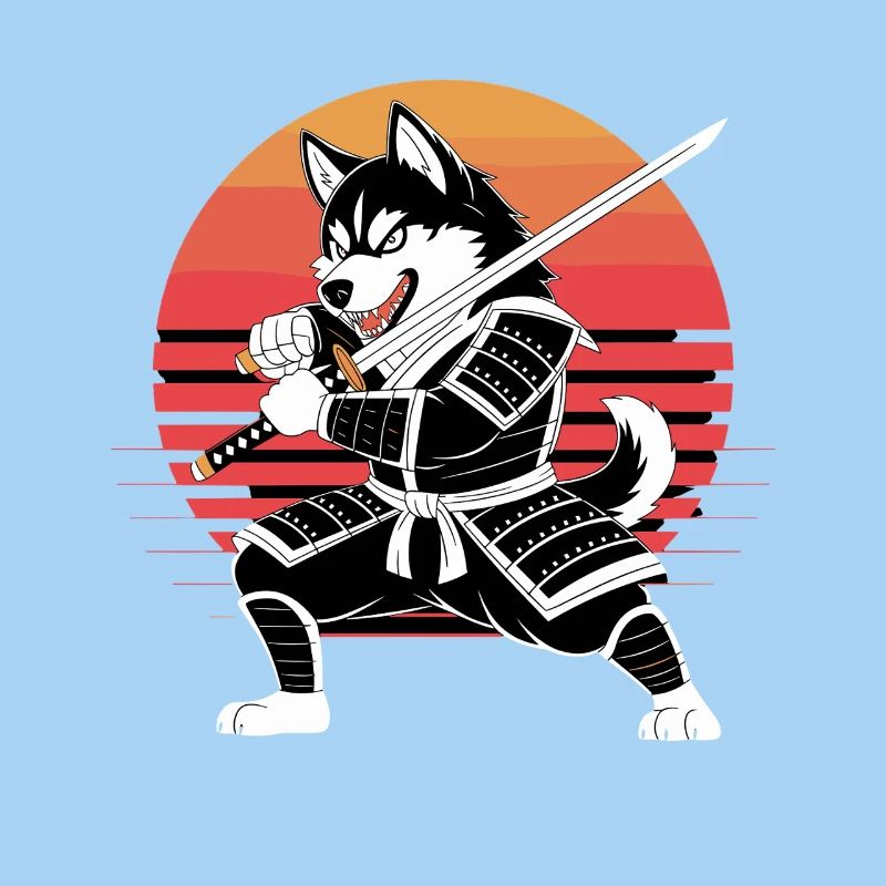  Husky Samurai Krieger Mit Katana Vor Retro
