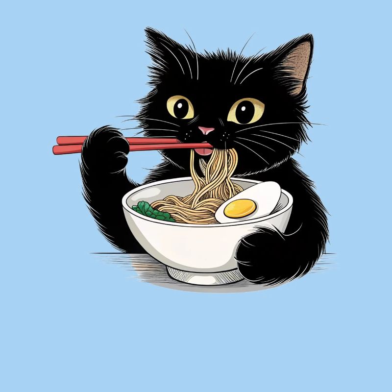 Chat noir mangeant des nouilles ramen