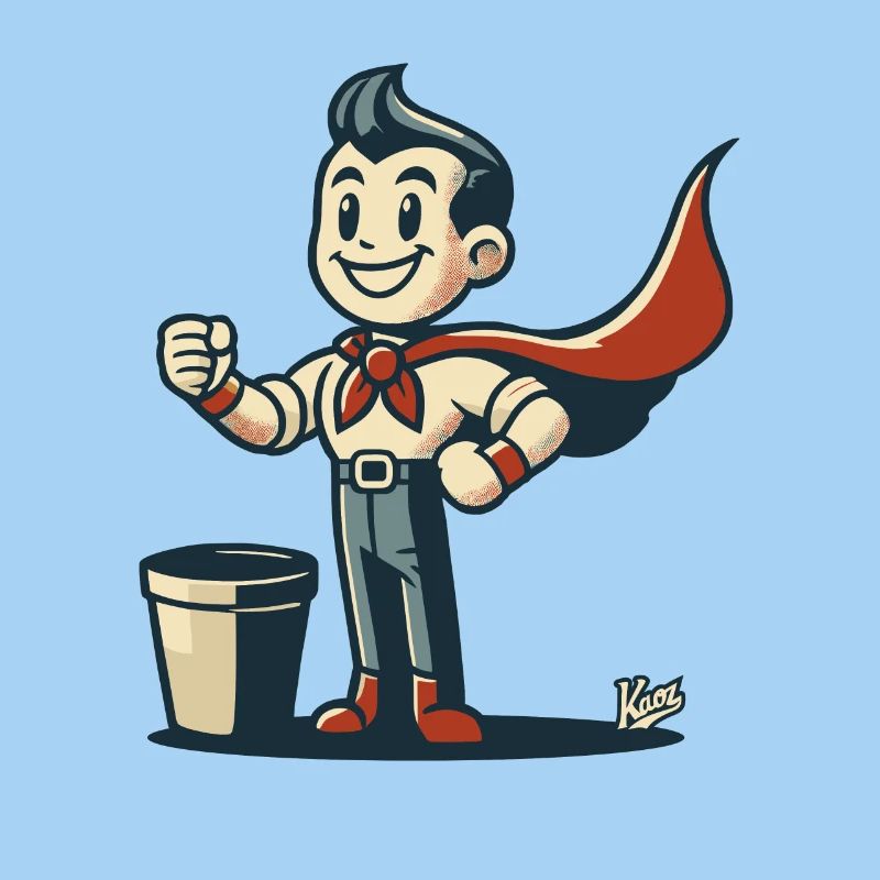 -Retro-Papierkorb-Normalo-Superheld mit Umhang