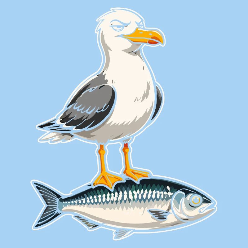 Möwe auf Forelle Cartoon