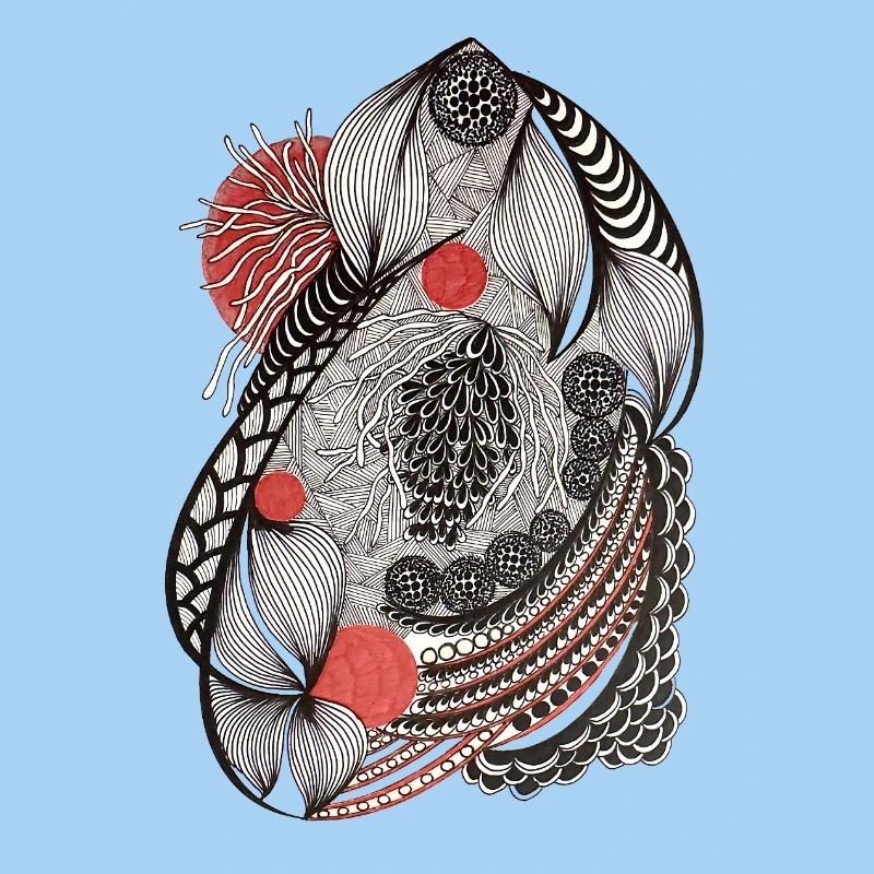 Line flowers pattern with red accent