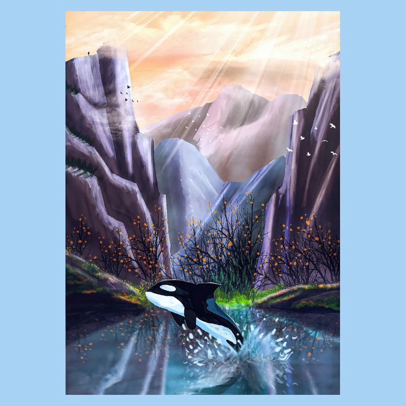 Orcas springen im Bergtal