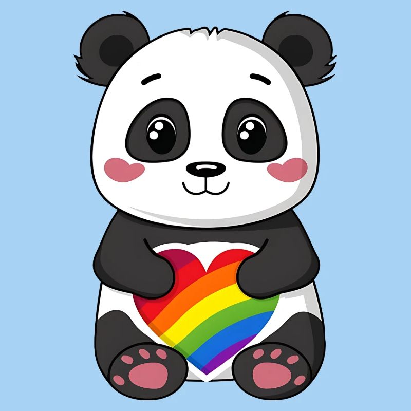 Panda-Karikatur mit einem Pride-Regenbogenherz