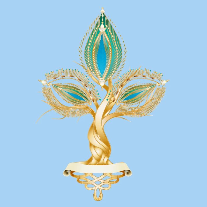 Gold-colored tree with oriental leaf ornament