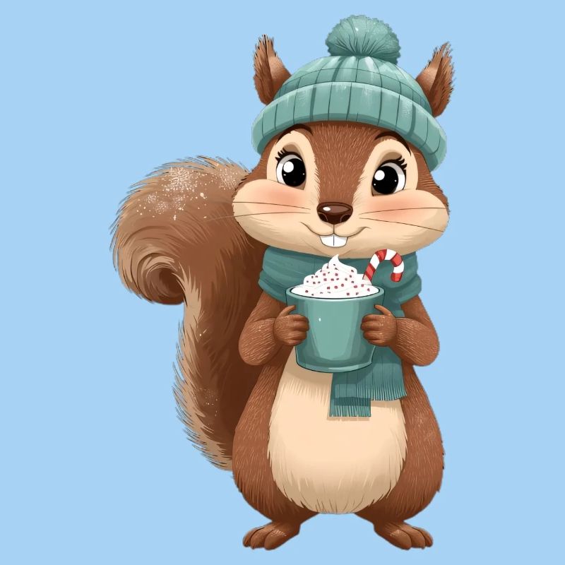 Winterliches Eichhörnchen mit Heißgetränk