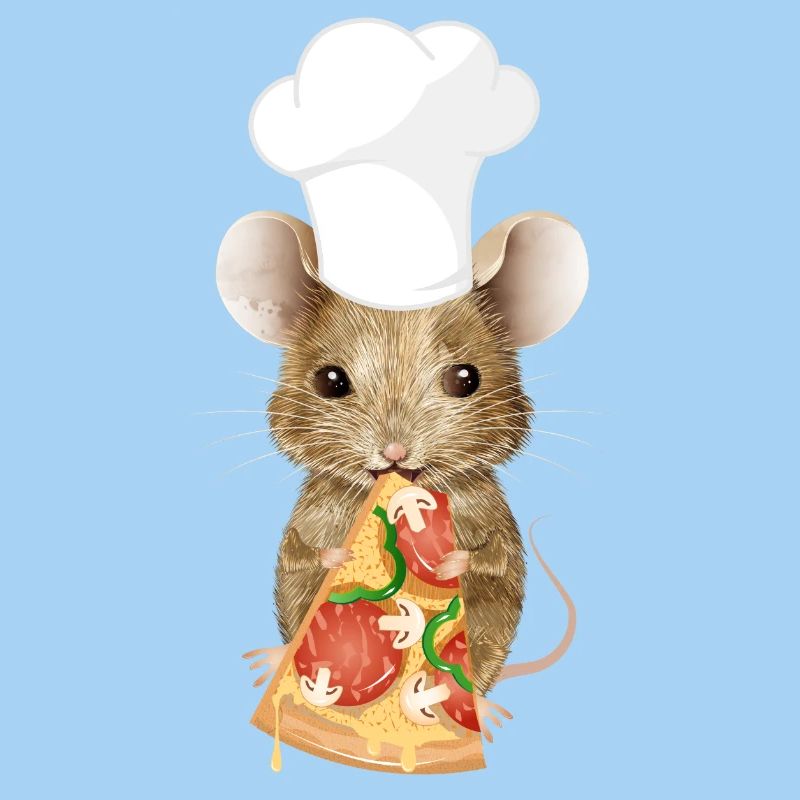 Maus als Pizzabäcker mit einem Stück Pizza