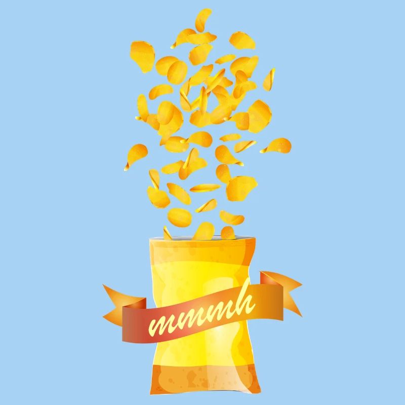 Open Chips Bag with Potato Chips and Banner