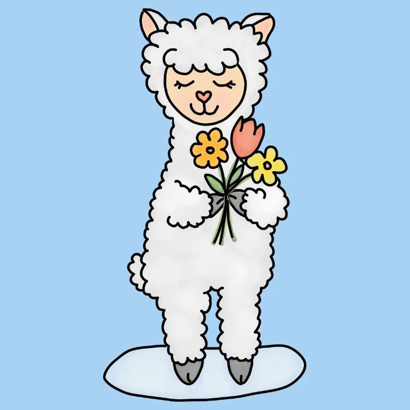 Alpaka mit Blumenstrauß