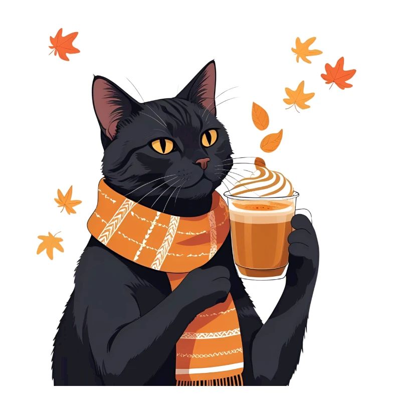 Black Cat with Pumpkin Spice Latte - Fall