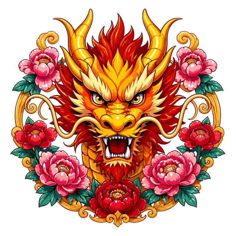 Dragon head in a fire floral frame