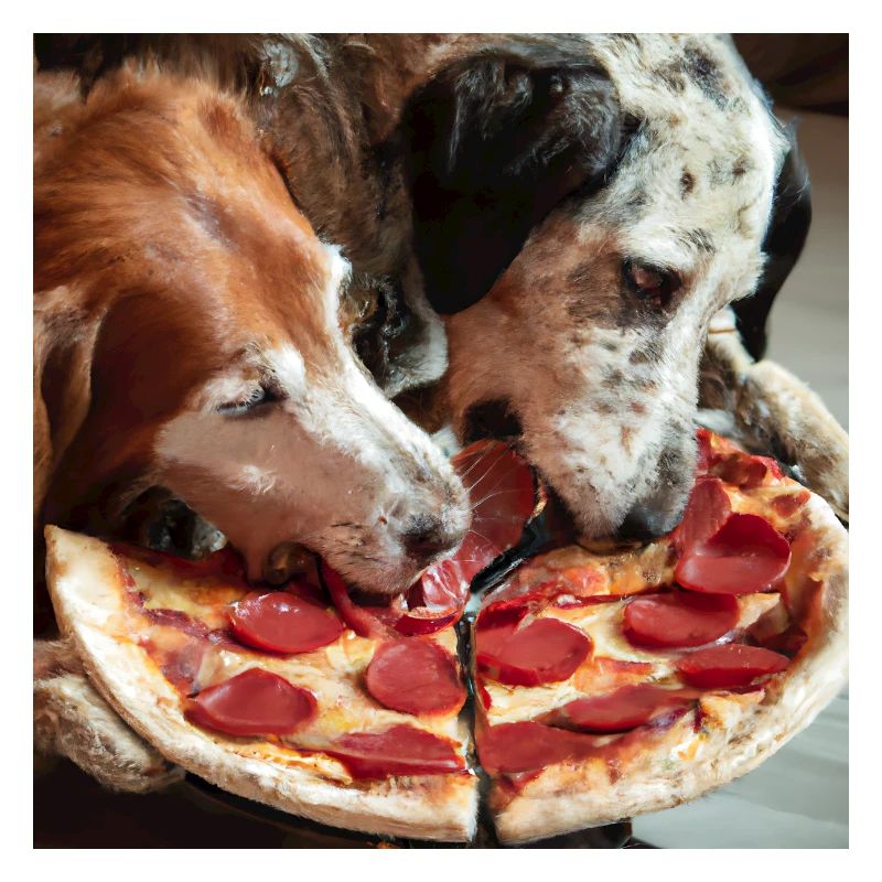 Deux chiens mangeant de la pizza salami