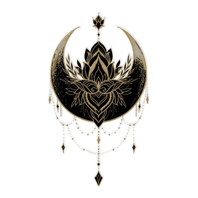Superbe lune noire dorée avec fleur de lotus.