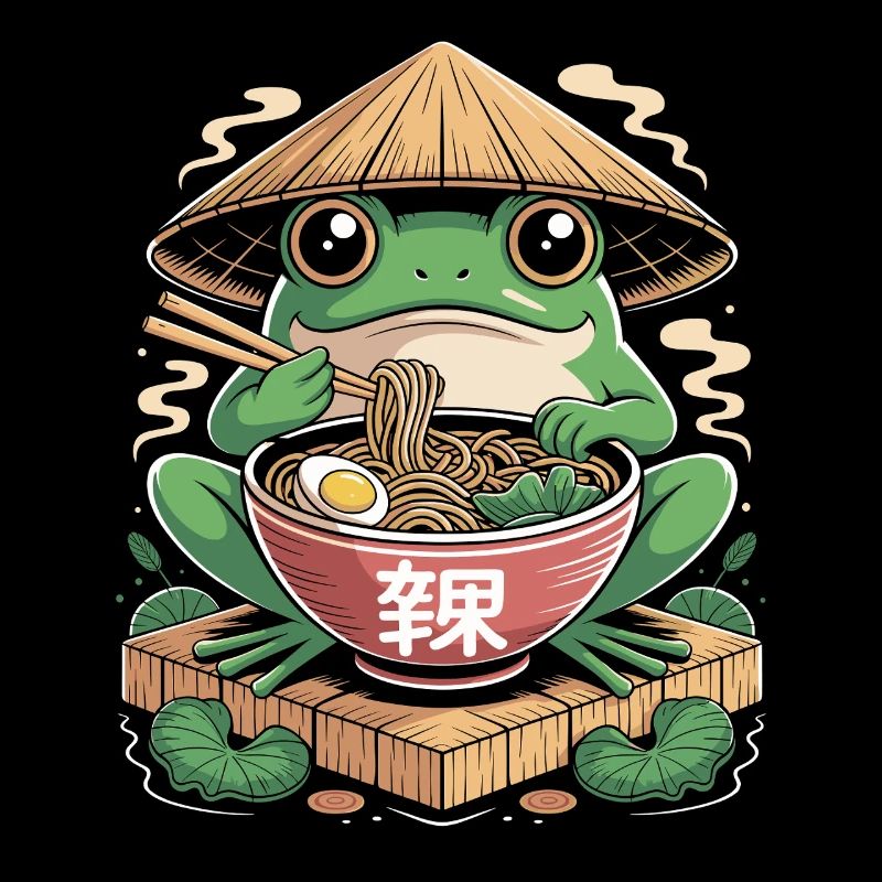 Cute frog with ramen and straw hat