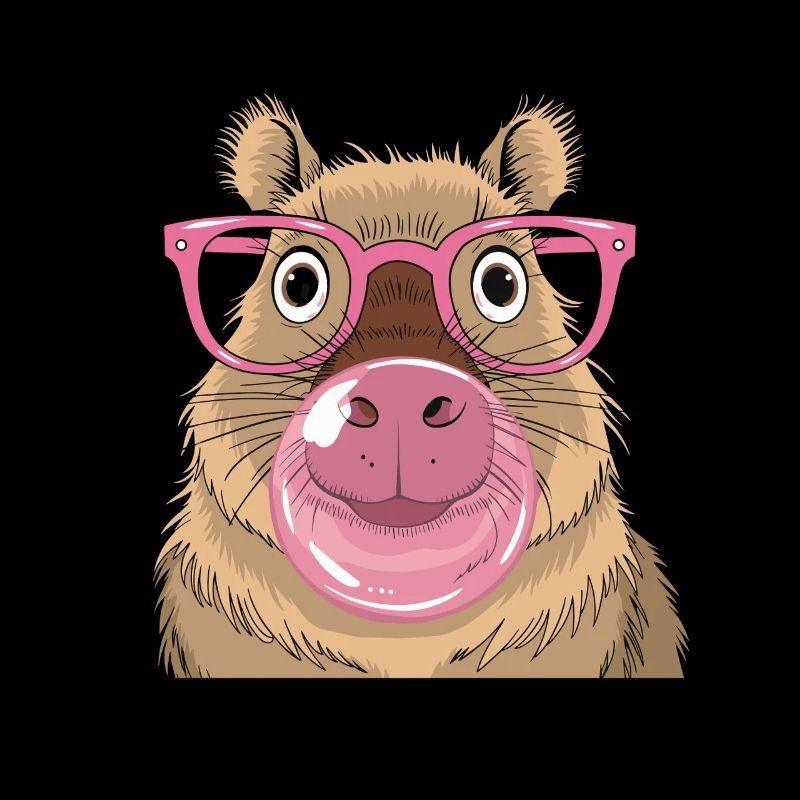 Capibara con occhiali rosa e bolle di gomma da masticare stile