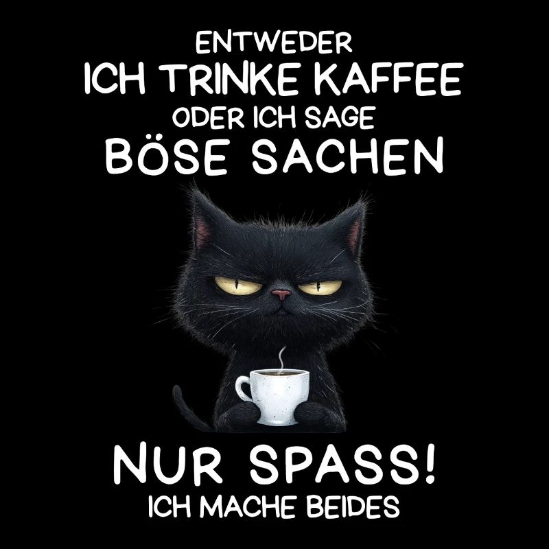 Schwarze Katze mit Kaffee und Todesblick
