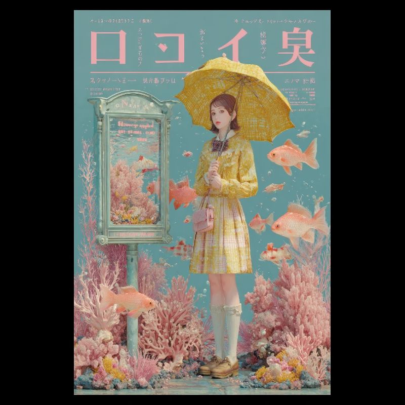 Fille avec parapluie dans un océan surréaliste