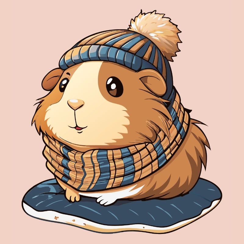 Mignon cochon d’Inde avec écharpe et chapeau à pompon.