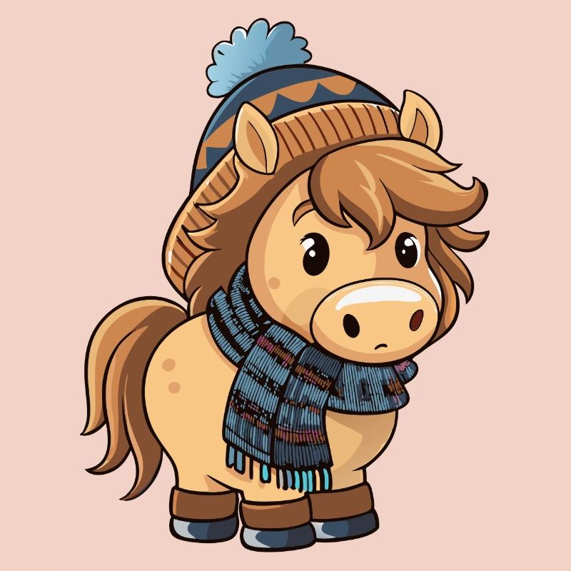 Poney mignon avec écharpe et chapeau à pompon.