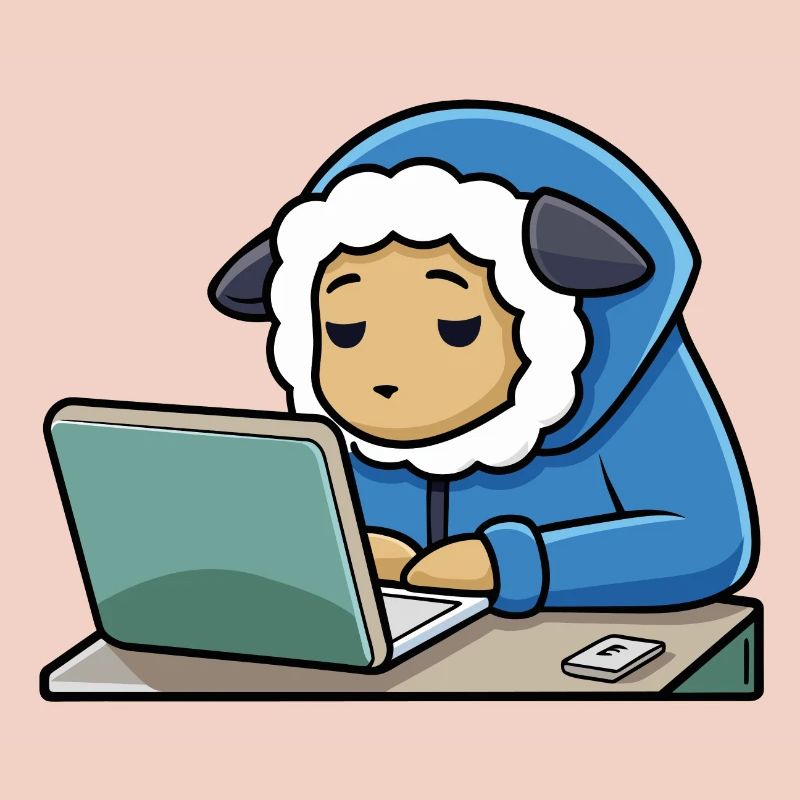 Un mignon mouton hacker dort dans un sweat à capuche devant le PC