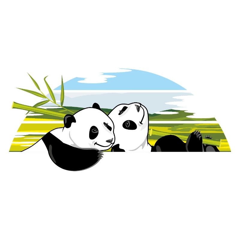 Zwei glückliche Panda-Junge mit einem Bambusast