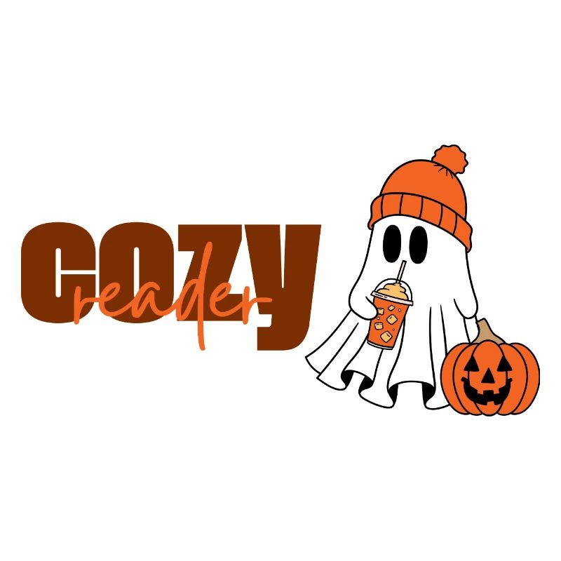 Cozy Reader Halloween Ghost with Pumpkin and Hat